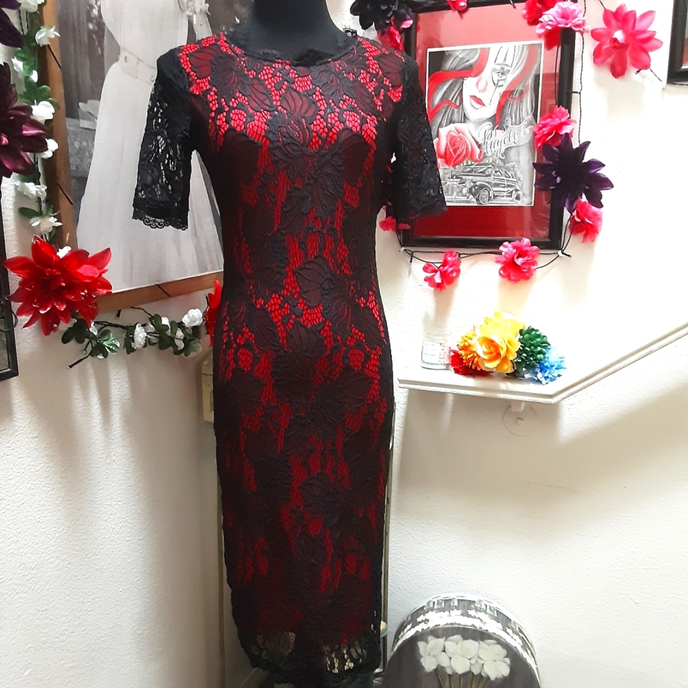 Brand New Black Red Lining Lace Dress